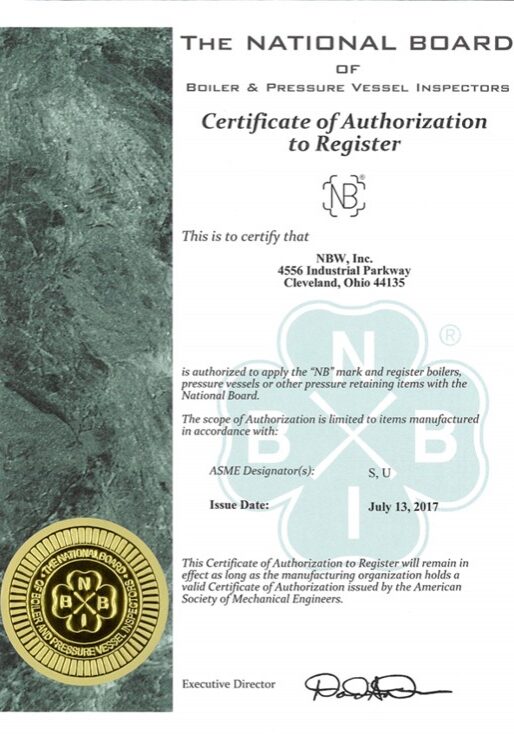The National Board of Boiler & Pressure Vessel Inspectors Certificate. NBW Inc.
